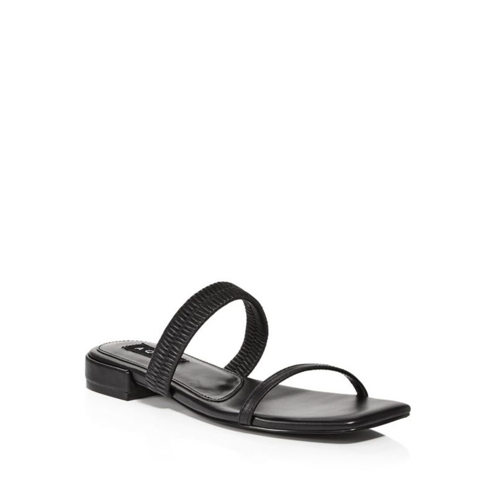 AQUA Womens Black Livi Square Toe Block Heel Slip On Leather Slide Sandals 6.5 M